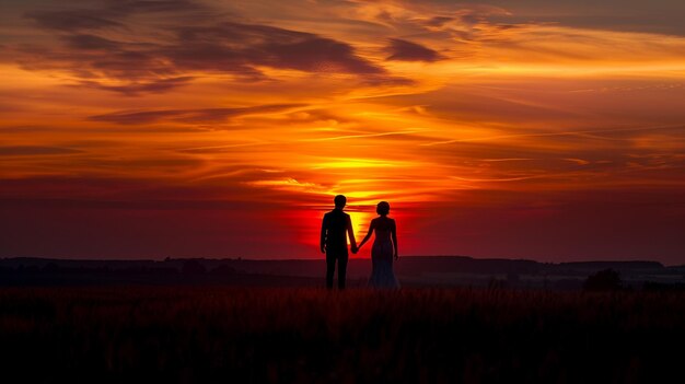 Foto retrato romántico del atardecer silueta en el campo al atardecer