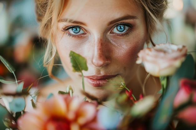 Retrato romántico de una joven de ojos azules que huele a rosas frescas en un entorno floral de ensueño