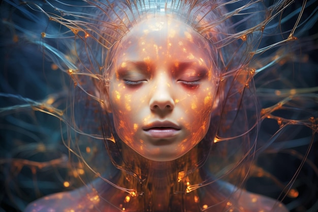 Retrato de rostro femenino con llamas de fuego en su cabello con muchos cables que salen del cuerpo