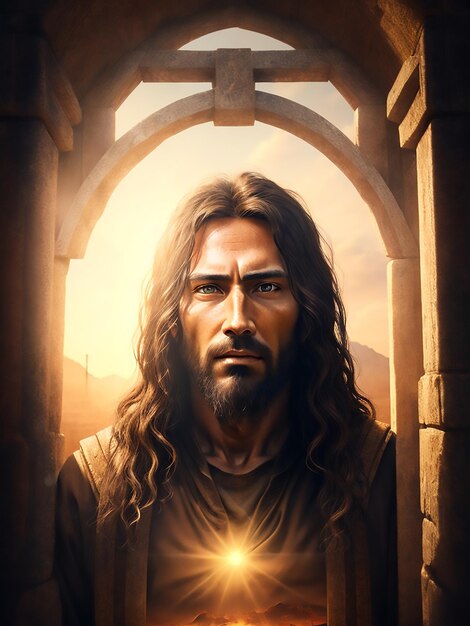 Un retrato del rostro de Jesús, un personaje bíblico, representación digital frente a un gran antiguo