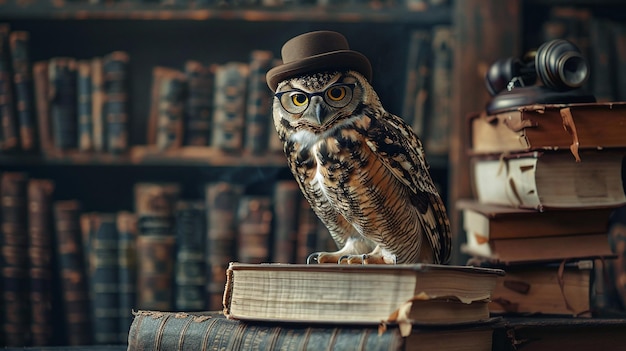 un retrato de la sabiduría un búho aislado con gafas y un sombrero de bolos se encuentra orgullosamente