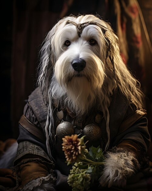 Foto retrato de un sabio perro pastor inglés vestido de sabio engañando a un personaje antropomórfico