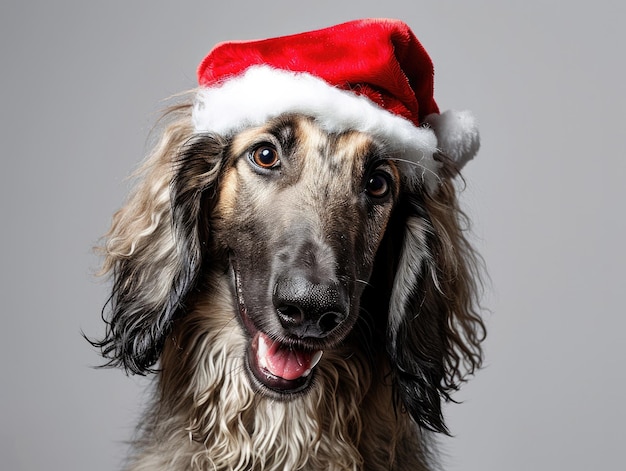 Retrato de un sabueso afgano sonriendo con un sombrero de Navidad