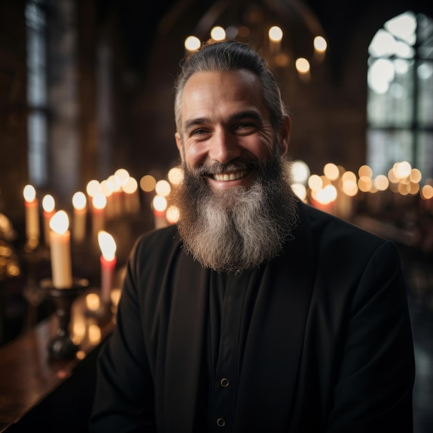 Retrato del sacerdote mayor sonriendo en el concepto de religión de la iglesia