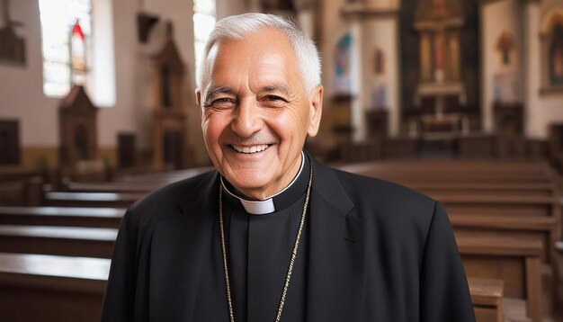 Retrato de un sacerdote sonriente dentro de una iglesia