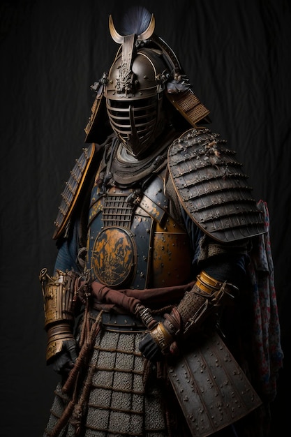 retrato de samurai armadura de cuerpo completo con fondo oscuro