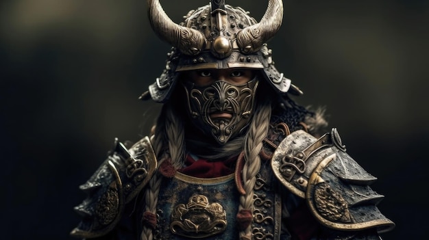 Retrato de samurái con armadura tradicional IA generativa