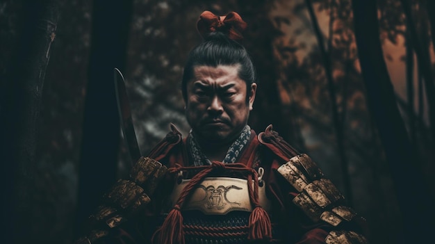 Foto retrato de un samurai con una armadura tradicional