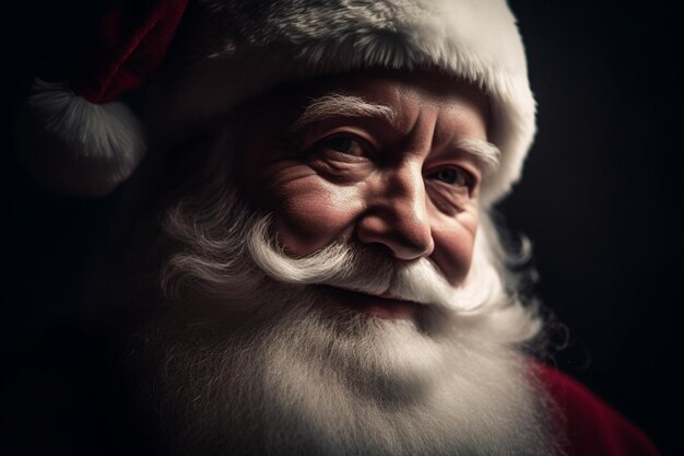 Un retrato de santa claus con un fondo oscuro.