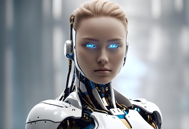 Retrato se banner de fundo android robô humanóide com papel de parede futurista de texto de espaço de cópia