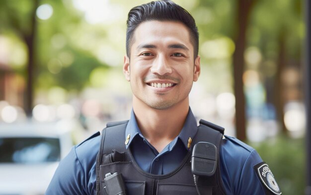 Foto retrato de seguridad de la ciudad de un oficial de seguridad sonriente