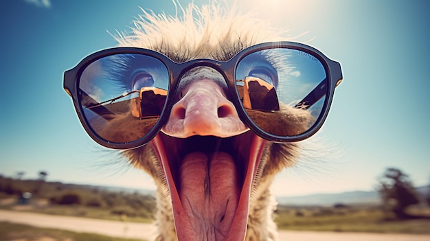 retrato de selfie de un avestruz riendo con gafas de sol