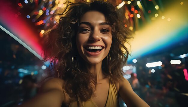 Retrato selfie de una mujer en el fondo de luces brillantes en un carnaval de concepto de parque de atracciones