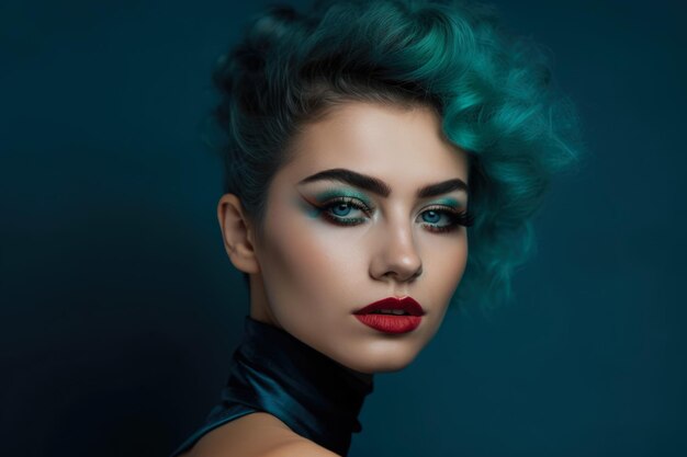 Retrato sensual y cautivador de una mujer hermosa con sombra de ojos verde azulado y labios carnosos
