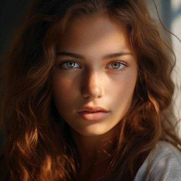 Retrato sensual de perto de uma jovem roxa caucasiana atraente com sardas Beleza natural