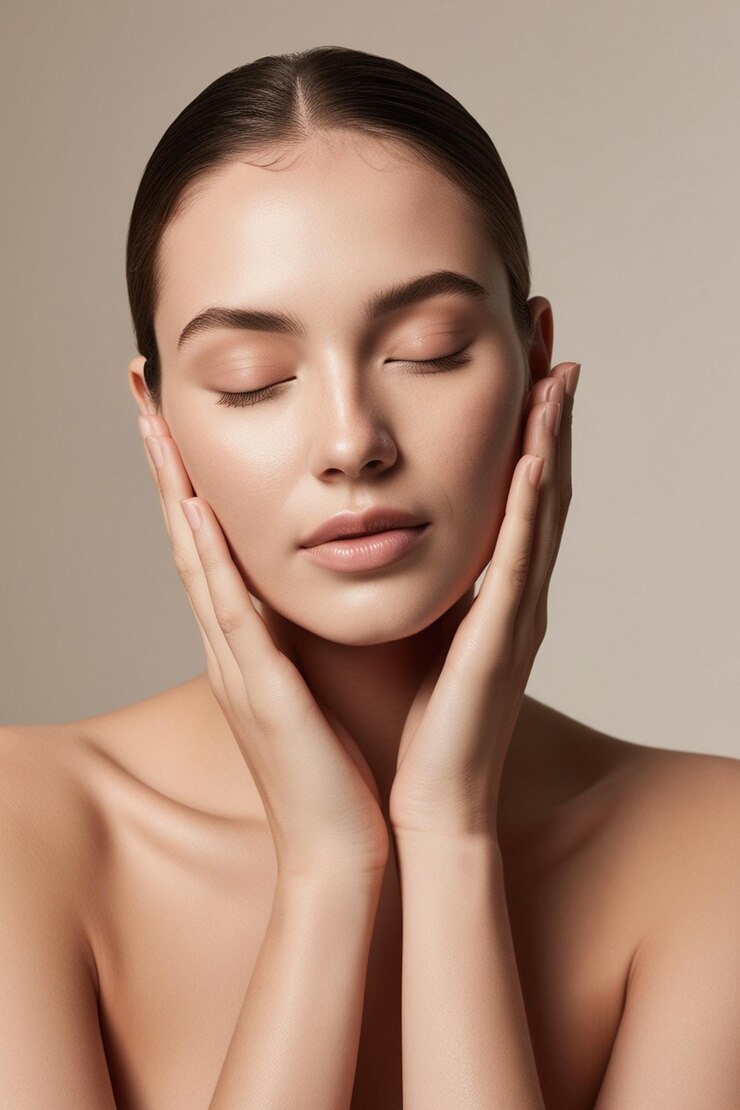 Retrato sereno de una mujer joven belleza natural y piel impecable IA generativa