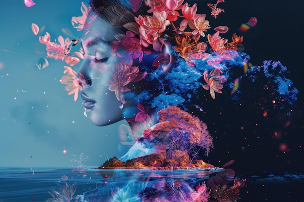Un retrato sereno y surrealista de una mujer rodeada de flores etéreas y nubes coloridas que mezclan naturaleza y tranquilidad.