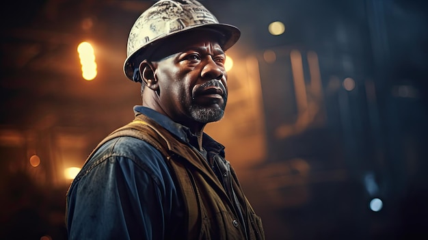 Retrato sério de um trabalhador siderúrgico afro-americano confiante em uma usina siderúrgica, pessoa de grande ambição
