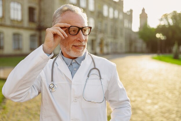 Retrato de serio médico masculino senior en bata de laboratorio ajustando sus gafas mirando a un lado de pie