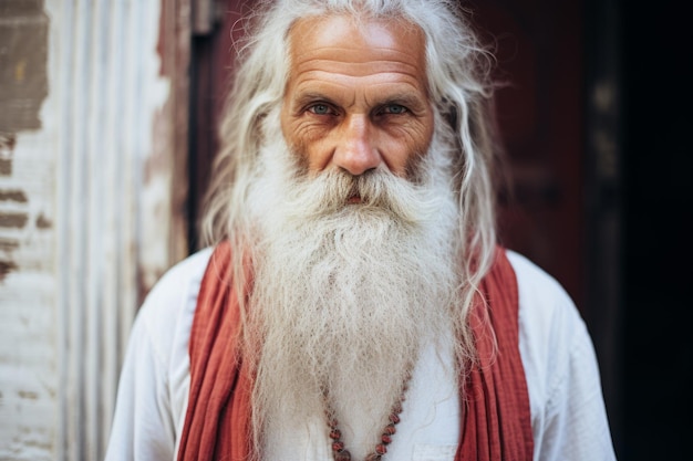 Retrato serio tranquilo sabio anciano hombre indio pelo gris barba larga filósofo mirando cámara