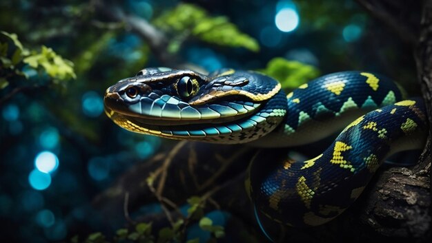 Foto un retrato de una serpiente en un árbol con iluminación bioluminescente