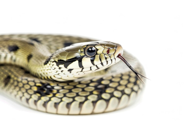Un retrato de una serpiente de hierba en un entorno de estudio aislado sobre un fondo blanco