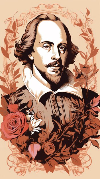 Foto un retrato de shakespeare con rosas y hojas