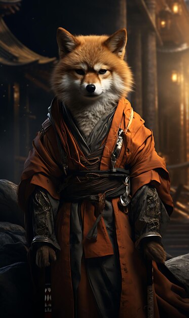 Retrato de Shiba Inu Pirata Ronin Espada Samurai Kimono Óxido Naranja Fuego Colecciones de Artes Animales