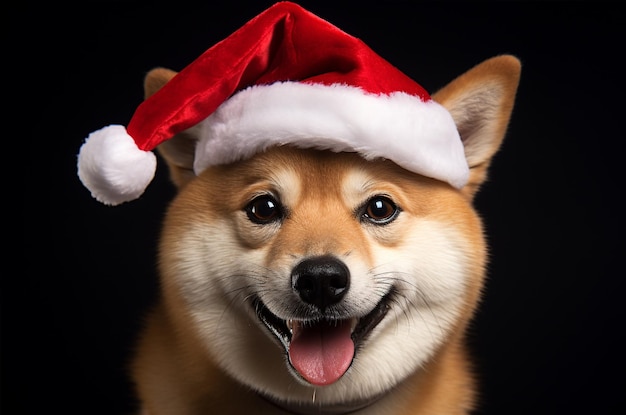 Retrato de un Shiba Inu con un sombrero de Papá Noel