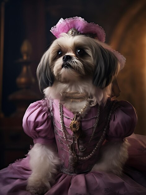 Retrato de Shih Tzu Princesa pirata imperial Collar de joyas Vestido rosa Diseño de moda Arte de vestuario