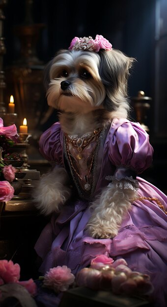 Foto retrato de shih tzu princesa pirata imperial collar de joyas vestido rosa diseño de moda arte de vestuario