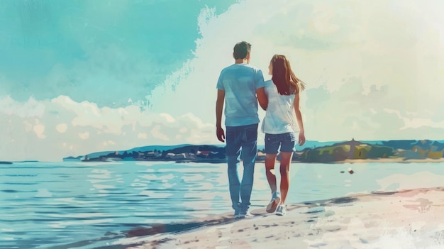 Retrato silueta de personas enamoradas mientras caminan por el mar en un día soleado Feliz día del padre prohibición