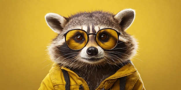 Retrato de un simpático y gracioso mapaches con gafas aislados sobre un fondo amarillo