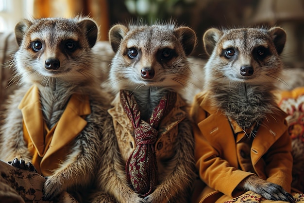 Foto retrato de simpáticos mapaches con ropa cálida en el hogar