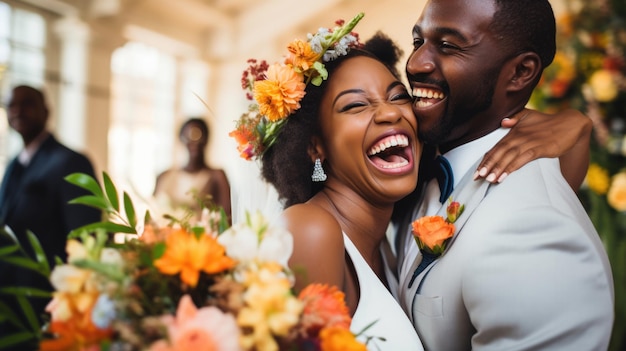 Retrato sincero da reunião feliz dos noivos antes da cerimônia de casamento