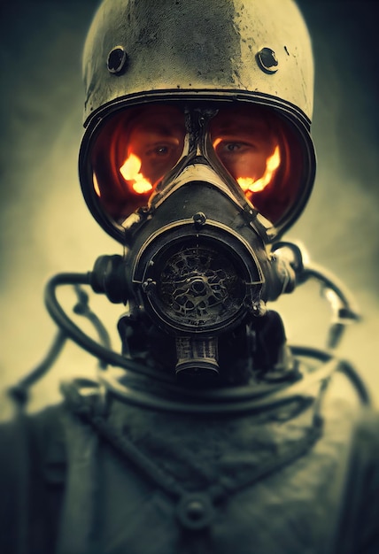Retrato de un sobreviviente acosador en hazmat y usando una vieja máscara de gas contra un telón de fondo apocalíptico