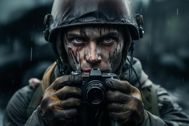 Foto retrato de un soldado con casco y guantes usando una cámara fotográfica