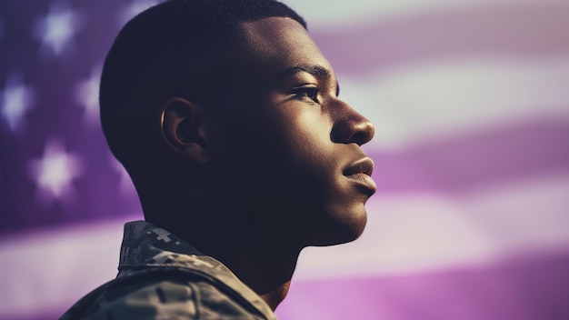 Retrato de soldado estadounidense fondo de bandera estadounidense IA generativa