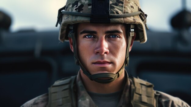 Retrato de un soldado estadounidense mirando a la cámara