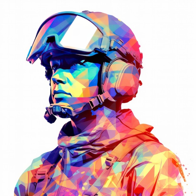 Retrato de soldado en estilo de paisaje de ensueño eléctrico pop inspo aislado sobre fondo blanco