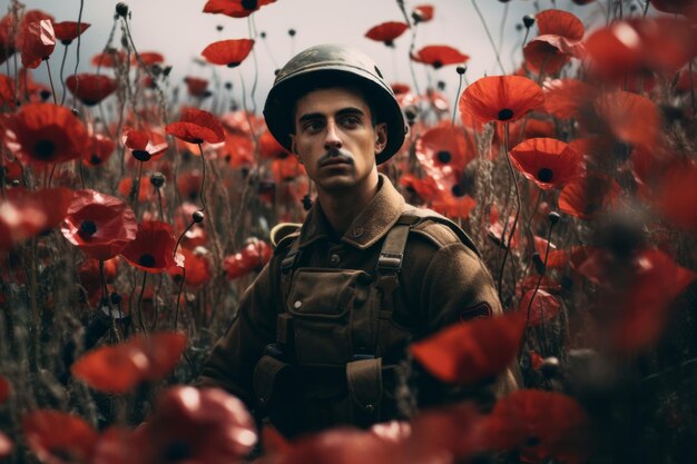 Retrato de un soldado de guerra de época de pie en un campo de amapolas rojas fondo del día de la memoria