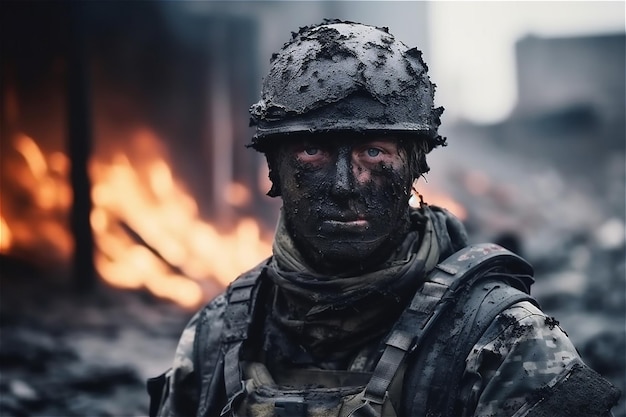 Retrato de soldado herido con la cara en el barro contra ciudad en llamas en guerra IA generativa