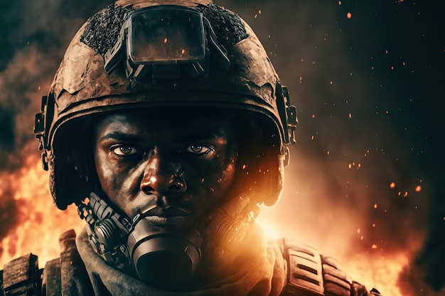 Retrato de soldado negro con casco y munición moderna en el campo de batalla