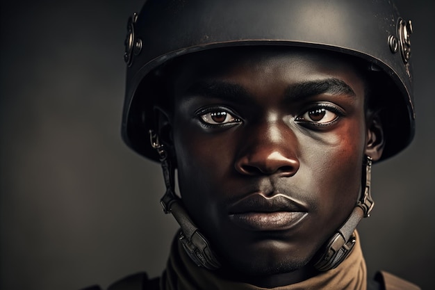 Retrato de soldado negro con casco y munición moderna IA generativa