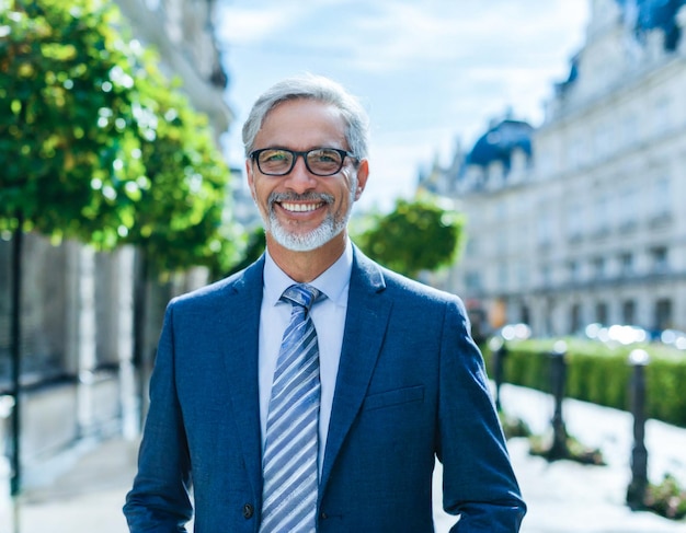 retrato soltero hombre de edad avanzada guapo caucásico en el centro de la ciudad fondo de europa