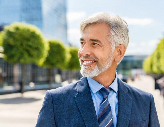 Foto retrato soltero hombre mayor guapo barbudo caucásico mirando lejos en la ciudad