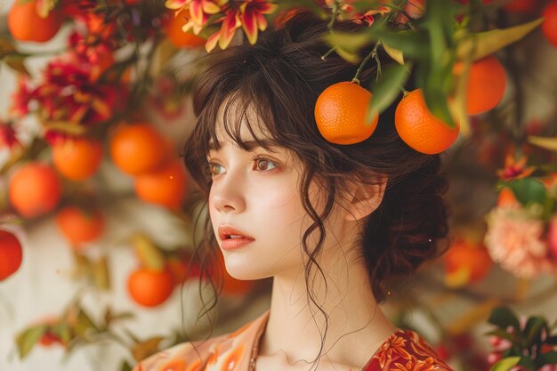 Retrato sonhador de jovem com cabelos encaracolados cercada por vibrantes frutas laranjas e vegetação exuberante