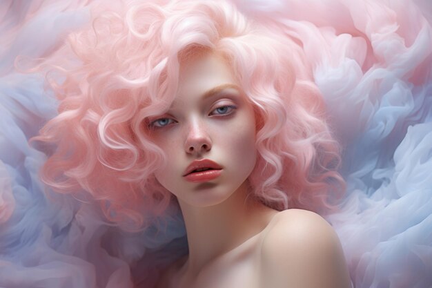 Retrato sonhador de mulher com nuvem rosa como cabelo cores pastel suaves