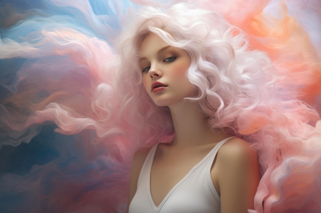 Retrato sonhador de mulher com nuvem rosa como cabelo cores pastel suaves