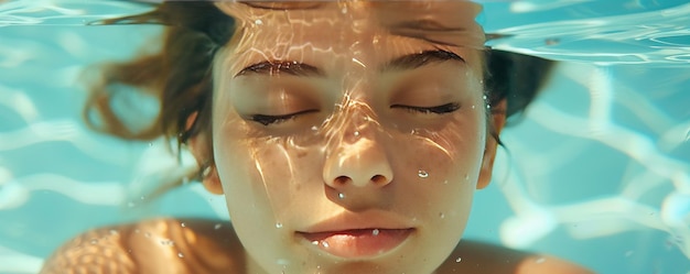 Retrato sonhador de uma mulher submersa dentro de uma piscina